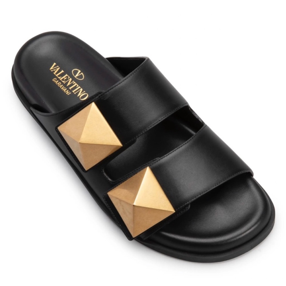 Valentino Black Leather Gold Roman Stud Slide Sandals